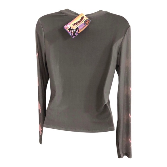 Marvel’s Spiderman Gwen olive green brown pink graphic print sheer mesh top sz L - Picture 14 of 16